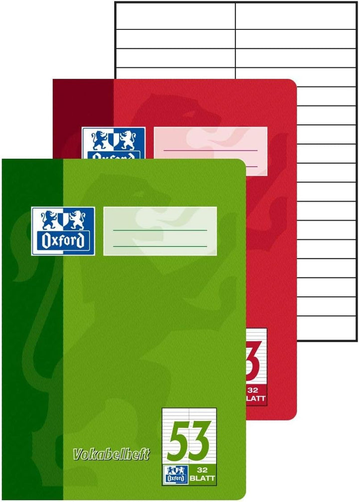 Oxford Vokabelheft, A5, Lin. 53 (2 Spalten), 32 Blatt, rot und grün, 10 Stück Single, Single