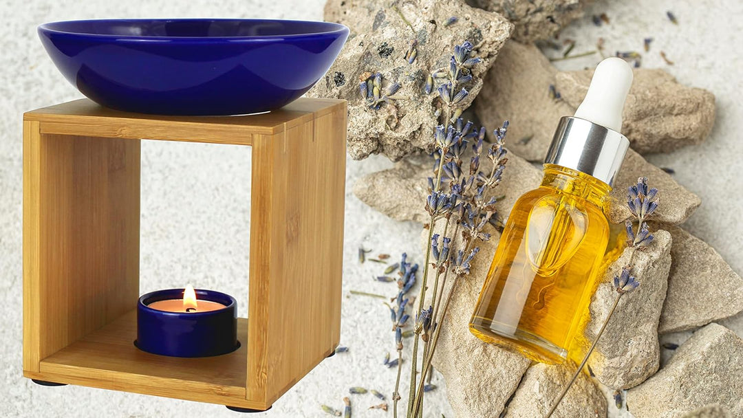 Bitto Duftlampe Malmö Blau mit Kerze, grosse Schale, Fair Trade, Aromalampe aus Bambusholz und Keram