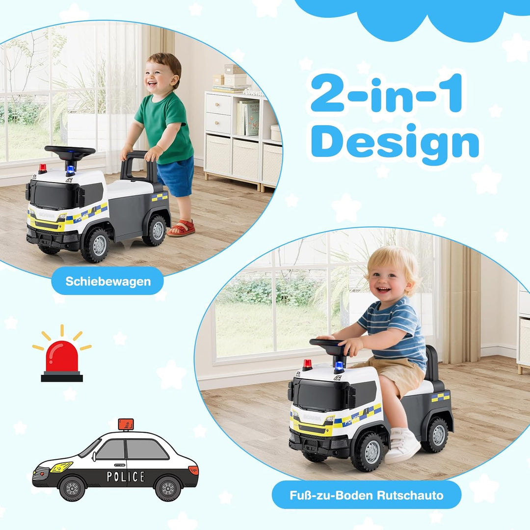 COSTWAY 2 in 1 Rutschauto, Polizeiauto mit Lenkrad, LED-Licht, Hupe & Musik, Rutscher Auto mit Staur