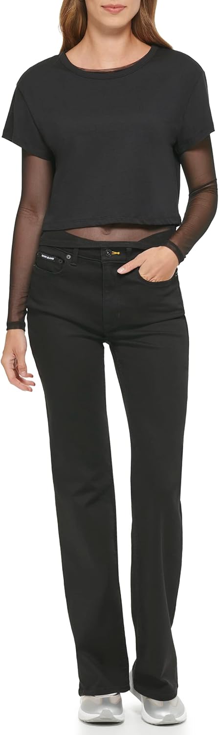 DKNY Damen Short with A Twofer Long Sleeve Mesh Top T-Shirt S Schwarz, S Schwarz