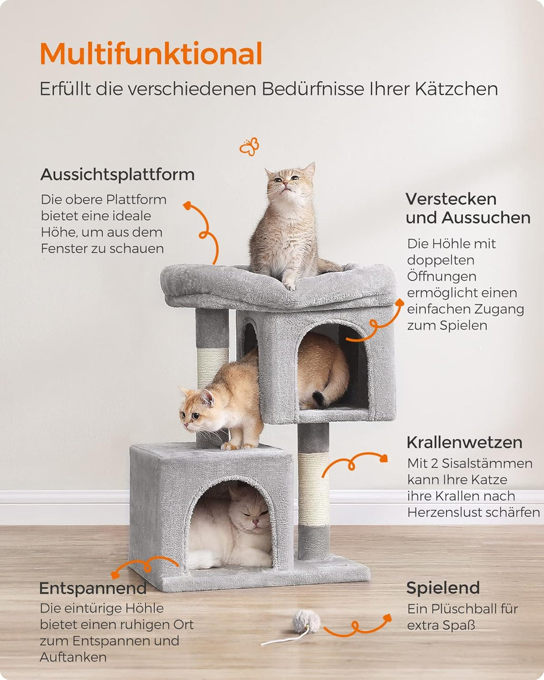 Feandrea Kratzbaum klein, 67 cm Katzenbaum, Katzenhaus für Kätzchen bis zu 3 kg, grosse Plattform, S