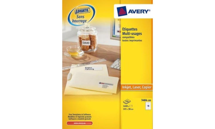 Avery Mehrzweck-Etiketten für Laser-/Tintenstrahldrucker und Kopierer 105 x 37 mm 1600 Stück, weiss