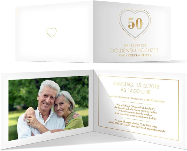 10 x Goldene Hochzeit Einladungskarten Hochzeitseinladungen Einladungen 50 Jahre - Jubiläums-Herz 10