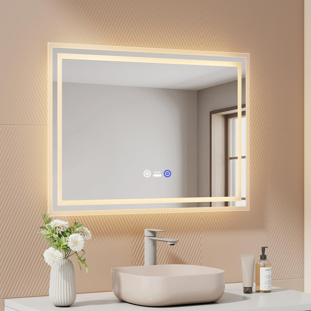 EMKE LED Badspiegel 70x50 cm mit Bewegungssensor, 3 dimmbare Lichtfarben, beschlagfrei, Touch, autom