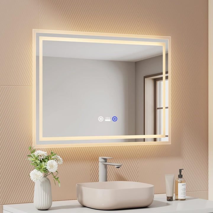 EMKE LED Badspiegel 70x50 cm mit Bewegungssensor, 3 dimmbare Lichtfarben, beschlagfrei, Touch, autom