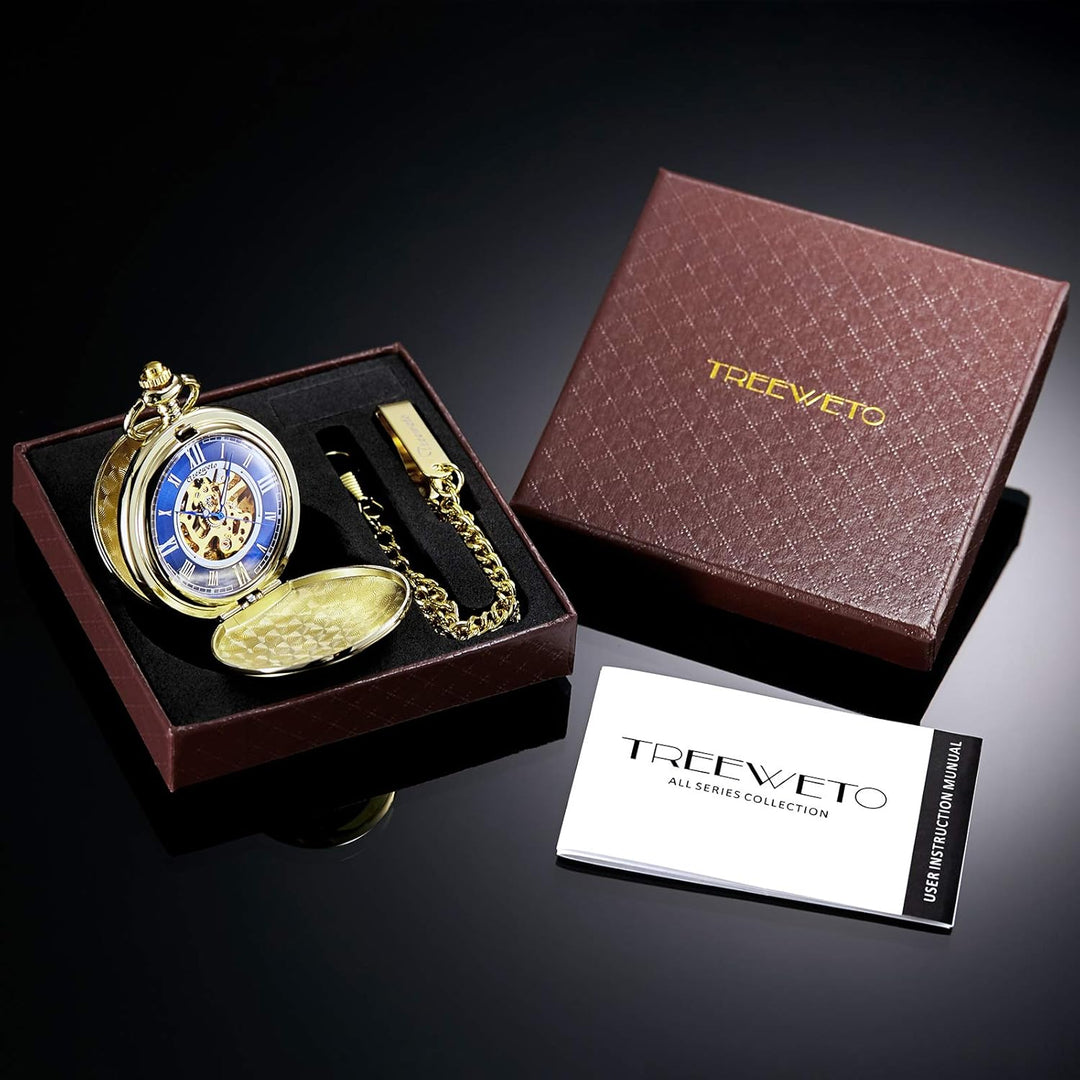 TREEWETO Unisex Taschenuhr mit Kette Analog Handaufzug glatt Doppelscharnier Römische Ziffern Gold B