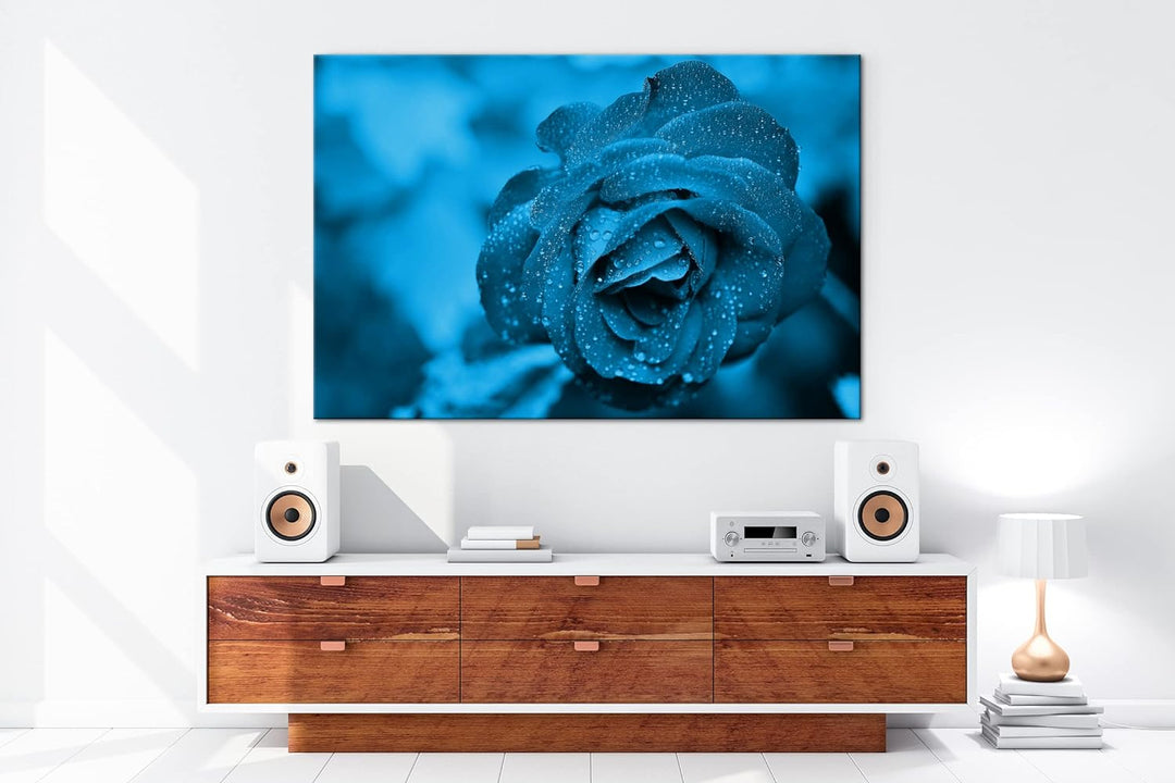 deyoli beeindruckende Blaue Rose Format 80x60 Effekt: Monocrome Blau als Leinwandbild, Motiv fertig