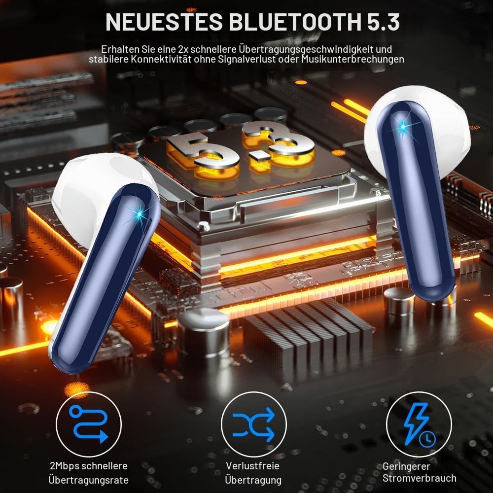 Bluetooth Kopfhörer, Kopfhörer Kabellos Bluetooth 5.3 In Ear Kopfhörer Bluetooth mit 4 Mic, 50H Kabe