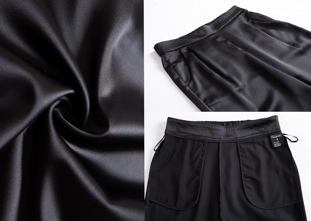Heipeiwa Damen Satin-Hose, lässig, plissiert, hohe Taille, Hose mit Taschen Schwarz S, Schwarz S