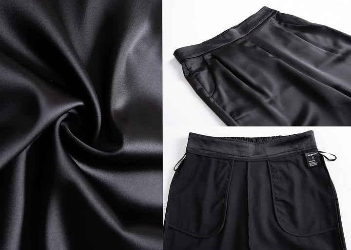 Heipeiwa Damen Satin-Hose, lässig, plissiert, hohe Taille, Hose mit Taschen Schwarz S, Schwarz S