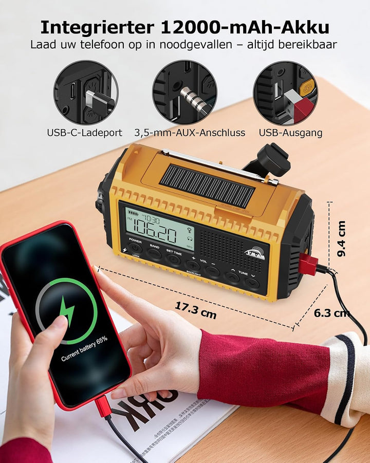 Roxicosly Kurbelradio, Notfallradio mit 12000-mAh Power Bank, AM/FM/SW Baustellenradio, Kurbel &amp; 5-W