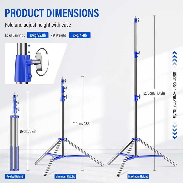 Soonpho Lichtstativ Vollmetall Puffer Druckstativ 9,1 ft/280cm Light Stand Bunt 10kg Tragkraft für O