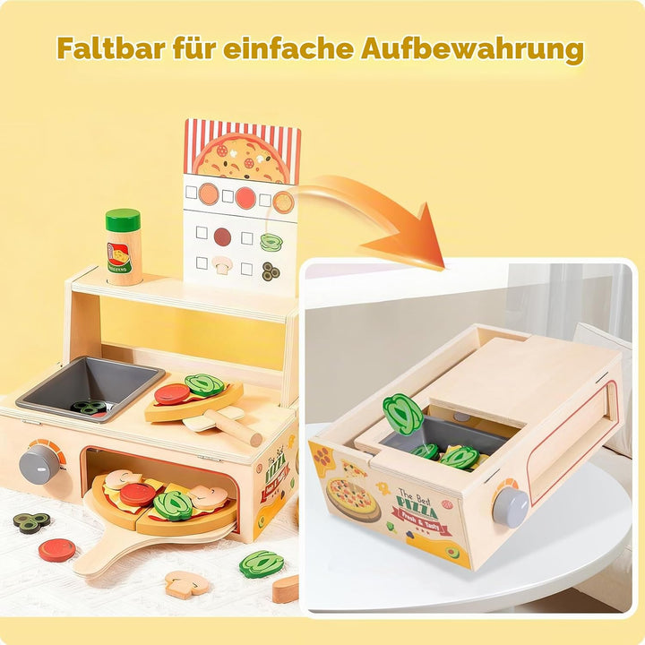 Pizza Holzspielzeug Kinderküche, Spielküche Zubehör Holz, 50PCS Pizzaofen mit Pizzaschneider, Küchen