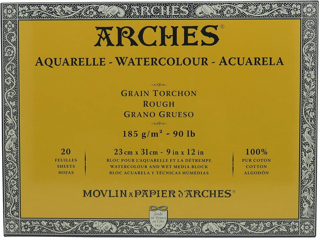 Arches 1795078 Aquarellpapier im Block (23 x 31 cm, 4-seitig geleimt, 185g/m² Grobkorn) 20 Blatt nat
