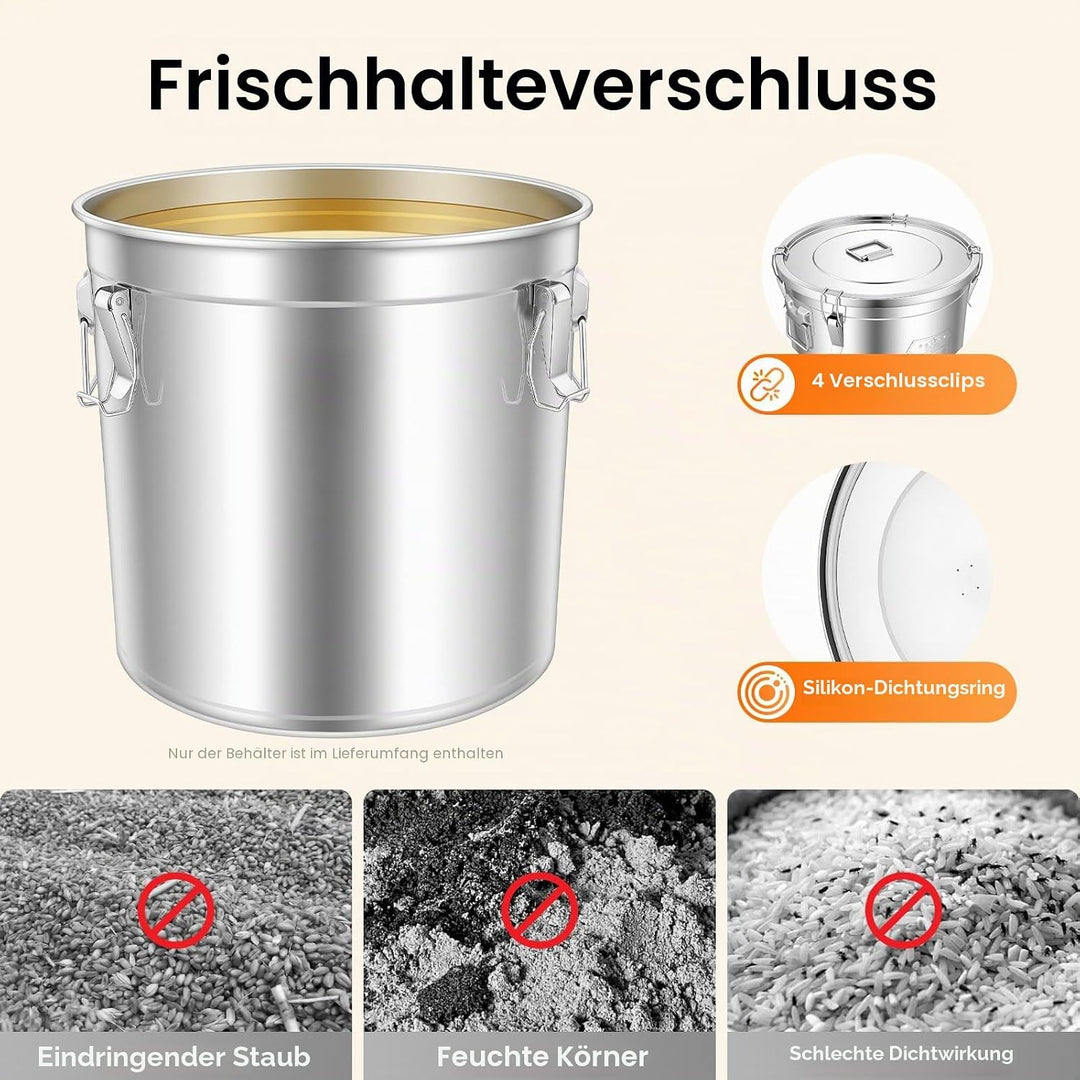 Edelstahl Getreidebehälter, 48L Luftdichter Kanister Lebensmitteln mit Deckel, Küche Edelstahl Eimer