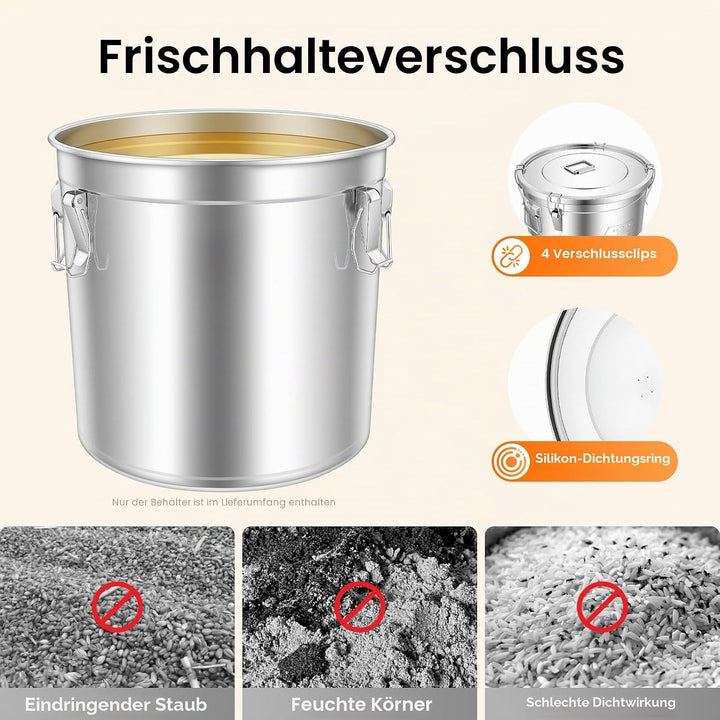 Edelstahl Getreidebehälter, 48L Luftdichter Kanister Lebensmitteln mit Deckel, Küche Edelstahl Eimer