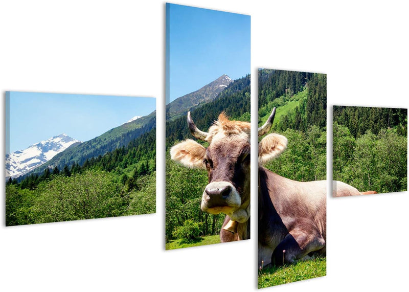 Bild auf Leinwand Kuh An Der Alpen Wandbild Poster Kunstdruck Bilder Format: 150x80cm - 4 Teile, For