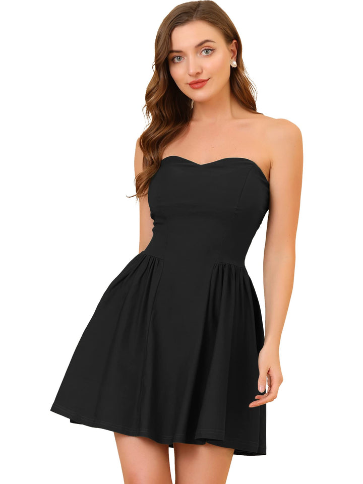 Allegra K Damen A-Linie Reissverschluss Schulterfrei Minikleid Party Kleid S Schwarz, S Schwarz