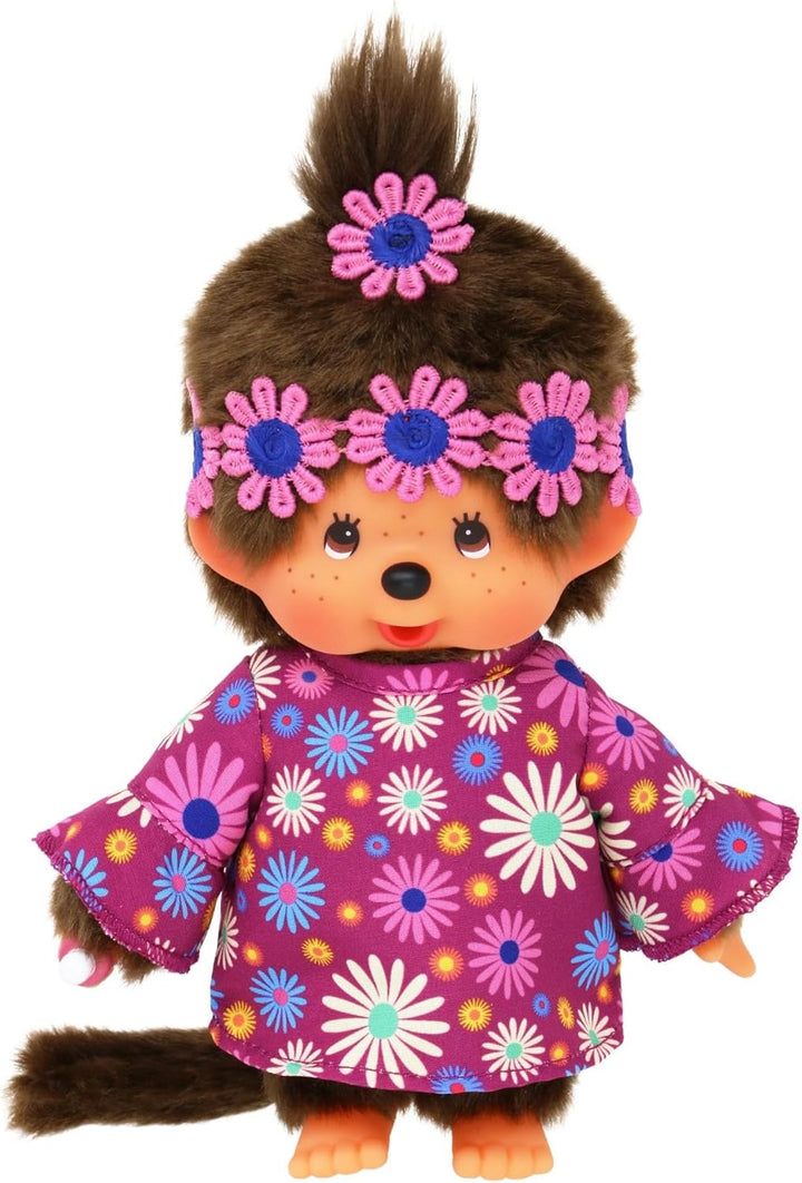 Sekiguchi 252893 - Original Monchhichi Mädchen Flower Power in Lila und Blau, ca. 20 cm grosses Kusc