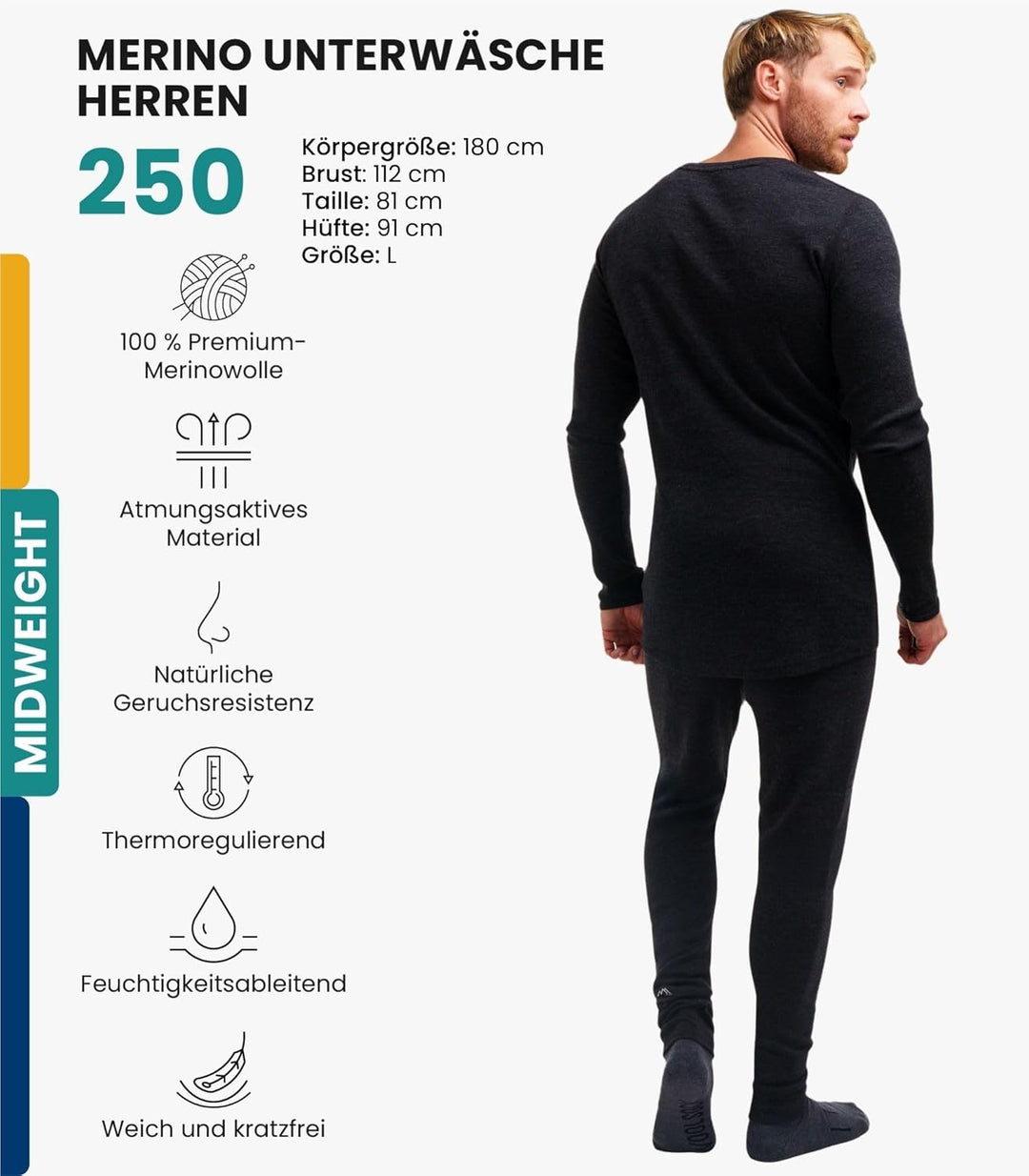 Merino.tech 100% Merino Unterwäsche Herren Set - Leicht, Mittelgewicht, Thermounterwäsche Merinowoll