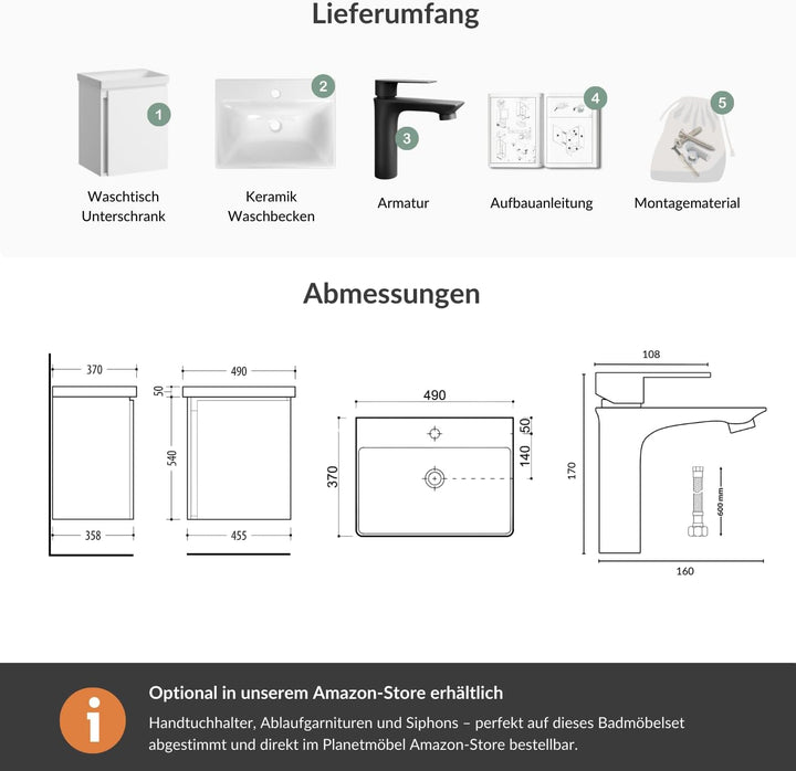 Planetmöbel Waschtisch mit Unterschrank 50 cm inkl. Waschtischarmatur schwarz, Badmöbel Set mit Wasc