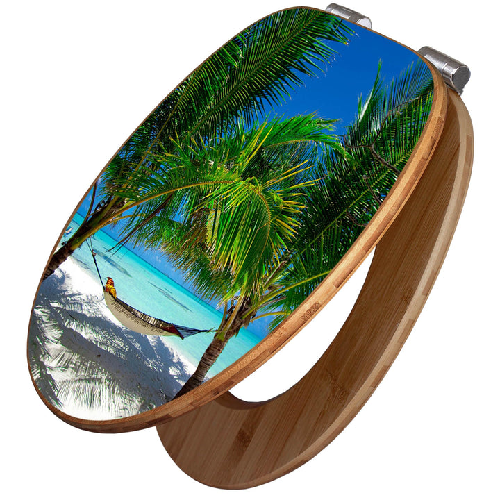 banjado® Design WC Sitz Bambus Absenkautomatik mit Motiv Strand/Toilettendeckel mit Absenkautomatik