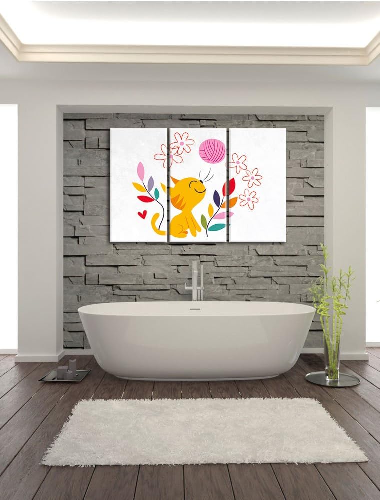 Pixxprint Niedliche Katze mit Wollknäuel weiss 3-Teiler Leinwandbild 120x80 Bild auf Leinwand