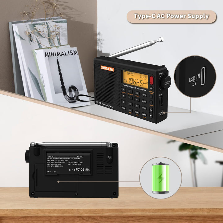 XHDATA R-108 Kleines Tragbare Radios Wiederaufladbares Batterieradio UKW FM AM SW Airband Radio welt