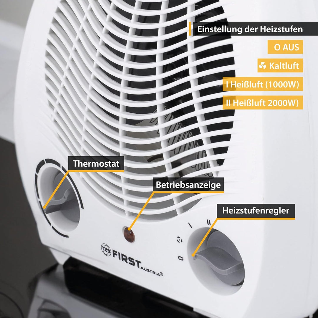 TZS First Austria Heizlüfter, 1000/2000W, 2 Heizstufen, Thermostat, Überhitzungsschutz, separater Lü