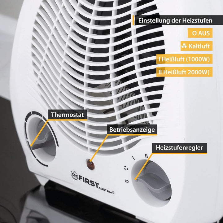 TZS First Austria Heizlüfter, 1000/2000W, 2 Heizstufen, Thermostat, Überhitzungsschutz, separater Lü