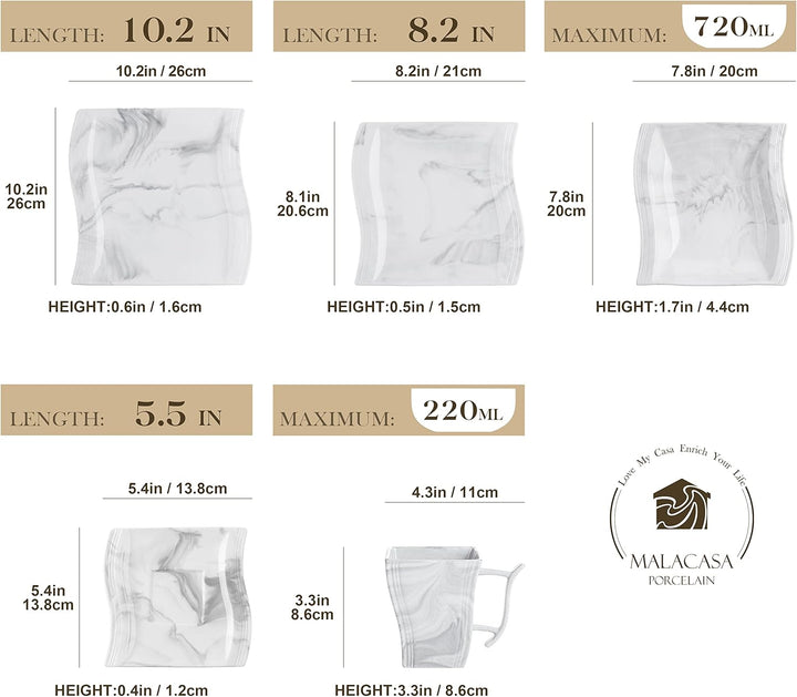 MALACASA, Serie Flora, 30 tlg. Marmor Porzellan Geschirrset Kombiservice Tafelservice mit je 6 Kaffe