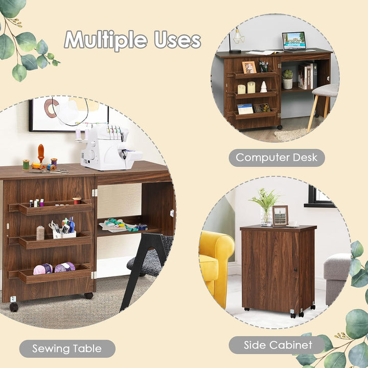 LIFEZEAL Nähmaschinenschrank klappbar, Nähschrank 2 in 1, Schreibtisch Holz mit Haken, Ablage &amp; Roll