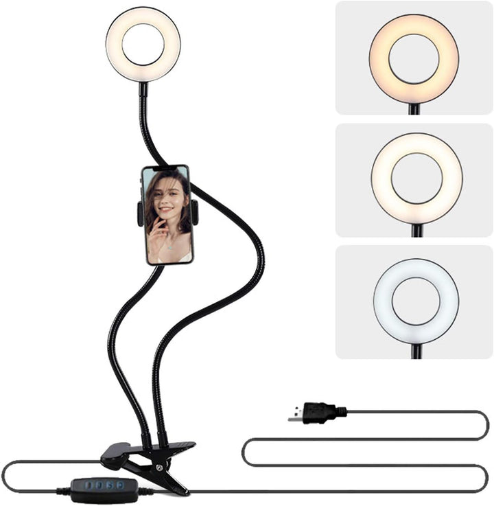 D90DS LED Ringlicht 9cm mit Smartphonehalter - Dimmbare Ringleuchte mit 3 Farbmodi, 10 Helligkeitsst