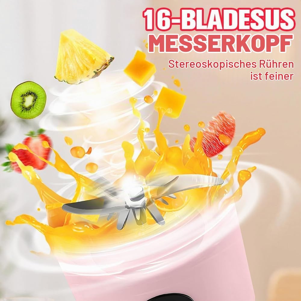 Tragbarer Mixer Smoothie Maker, 500 ml Mixer Smoothie Maker to Go mit Digitalanzeige, 16-Blatt, USB