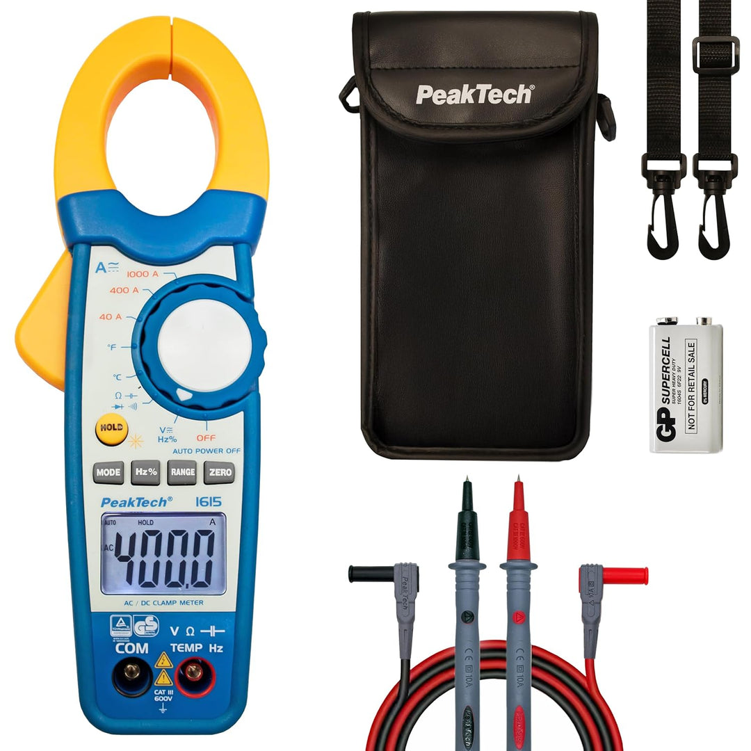 PeakTech 1615 – Zangenmessgerät 1000A AC/DC, Stromzange Multimeter, TÜV/GS, CAT III, Strommesszange,