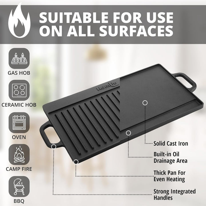 Homiu Gusseisen Grillplatte mit 2 Griffen| Grillpfanne | Grill Platte für Feuerstelle, Grillplatz, L