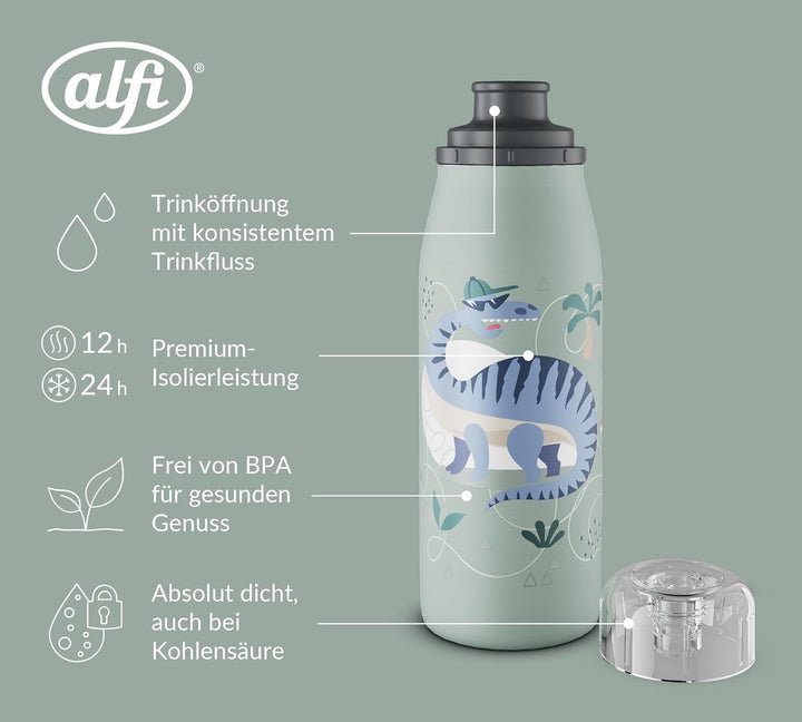 alfi KIDS ISO BOTTLE 350ml, grün mit Dinos, Isoliertrinkflasche Kinder Edelstahl, absolut dichter Dr