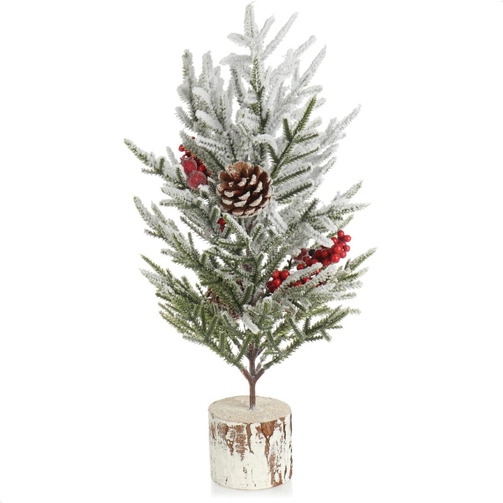 com-four® Deko-Baum Weihnachten - Kleiner Schmuckbaum mit roten Beeren, Dekoschnee, Zapfen - Tischde