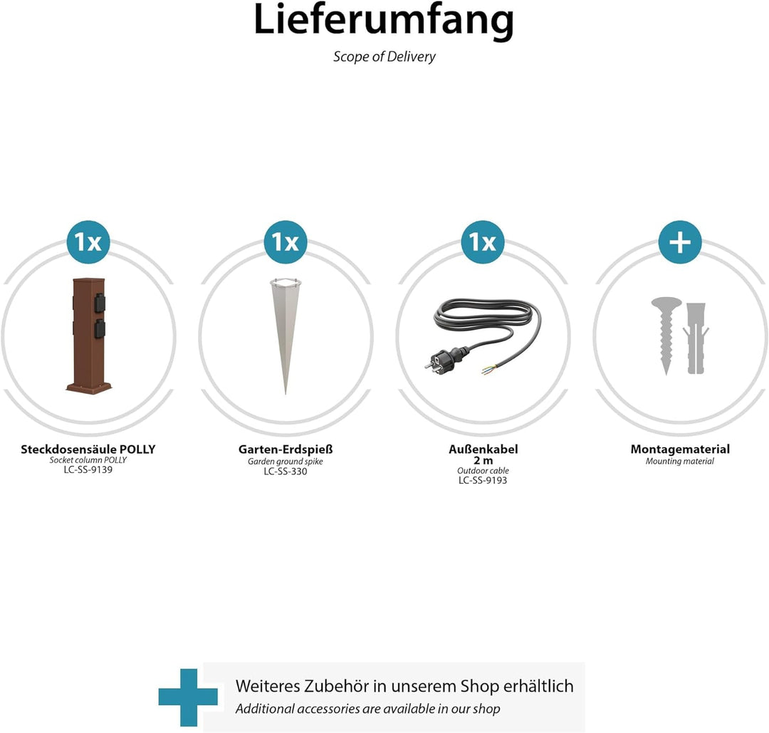 ledscom.de Garten-Steckdosen-Säule Polly mit Erdspiess und 2m Kabel für aussen, IP44, 4-Fach, braun,