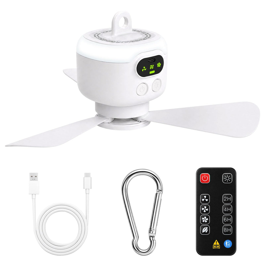 Mini Deckenventilator mit Beleuchtung und Fernbedienung für Camping | Wiederaufladbar 8000mAh Campin