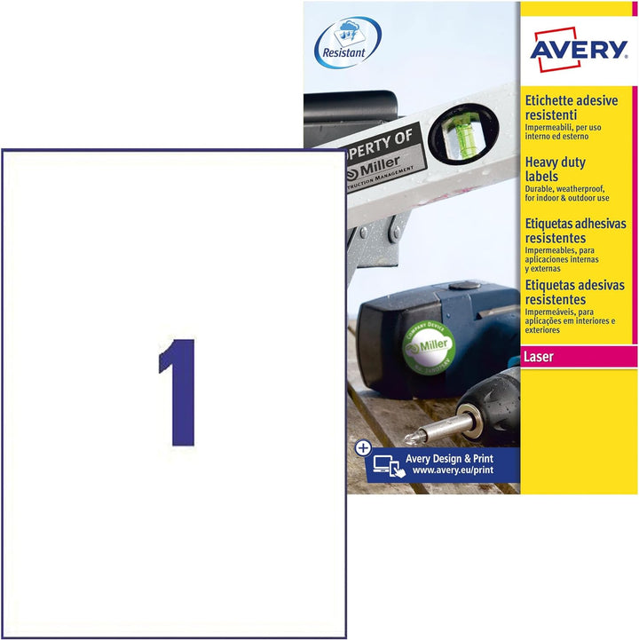 Avery 707964 - Etiketten Polyester 20 Blatt, Weiss