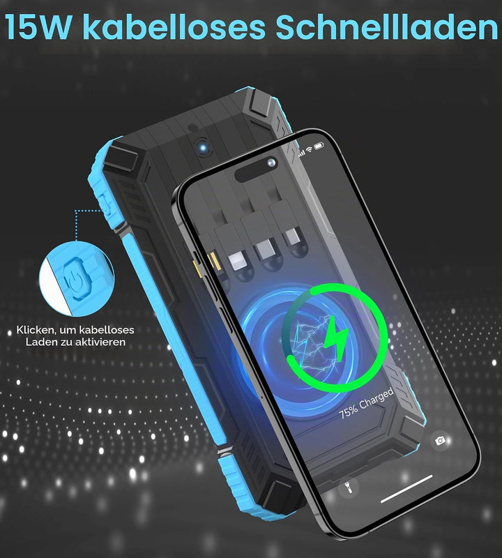 56800mAh Solar Powerbank, Wireless Power Bank gross mit 4 Kabeln, 30W PD Schnellladefunktion, 6 Ausg