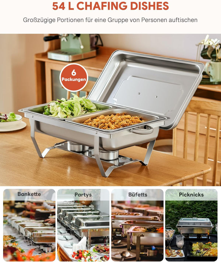 Wilprep Chafing Dish Edelstahl 9L 1/2+1/2 GN-Behälter Buffet-Set Warmhaltebehälter 6 Sets Speisenwär