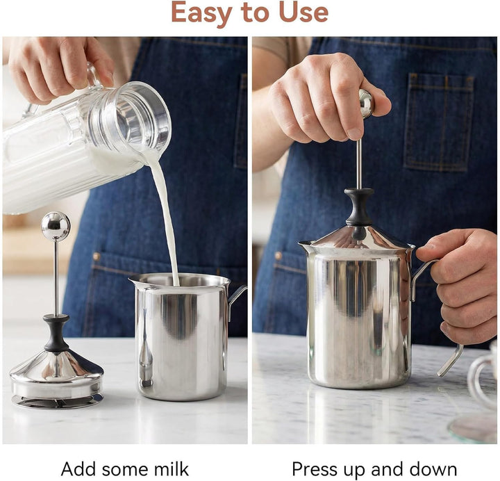Manueller Milchaufschäumer, Handmilchaufschäumer aus Edelstahl mit Griff und Deckel für Kaffee Latte
