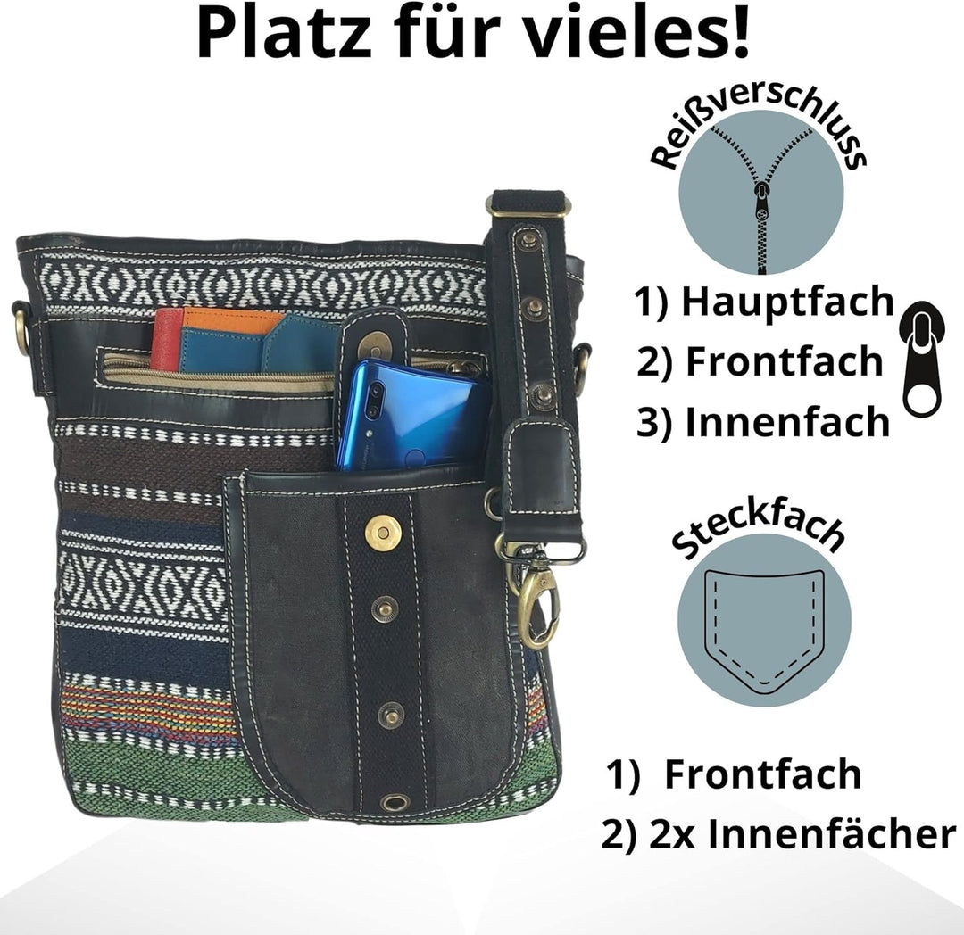 Sunsa Damen Umhängetasche. Crossbody Bag mit Streifen Design. Schultertasche aus Baumwolle & Leder.