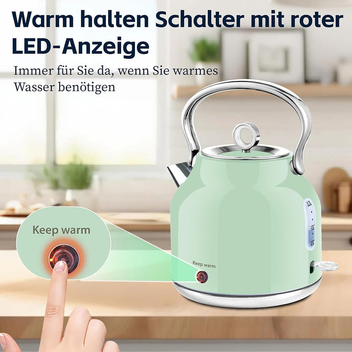 Huogary Wasserkocher - 1,7 L Edelstahl Wasserkocher mit Warmfunktion, 2000W Schnellkocher mit LED-An
