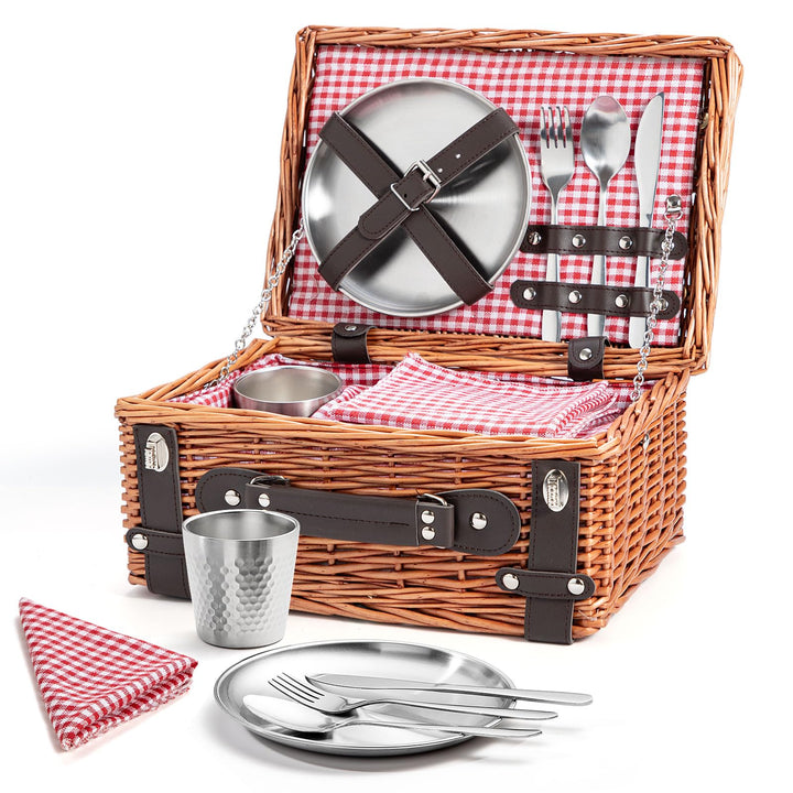 Weiden-Picknickkorb für 2 Personen, Weidenkorb mit Wasserfester Picknickdecke und Besteckset, Pickni
