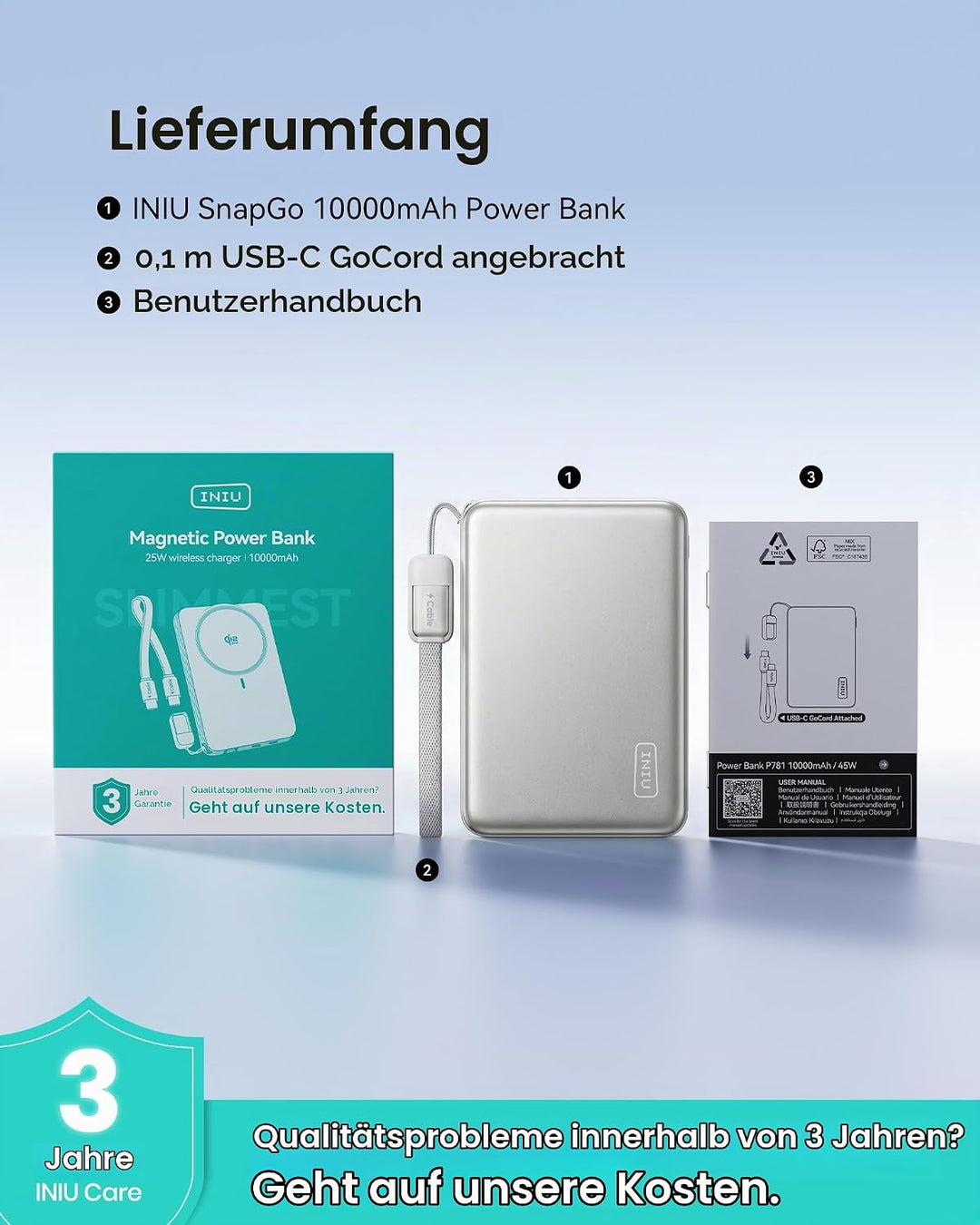 INIU for MagSafe Power Bank, 10000mAh Qi2 25W Kabelloses &amp; 45W USB C Charge Weiss, Weiss