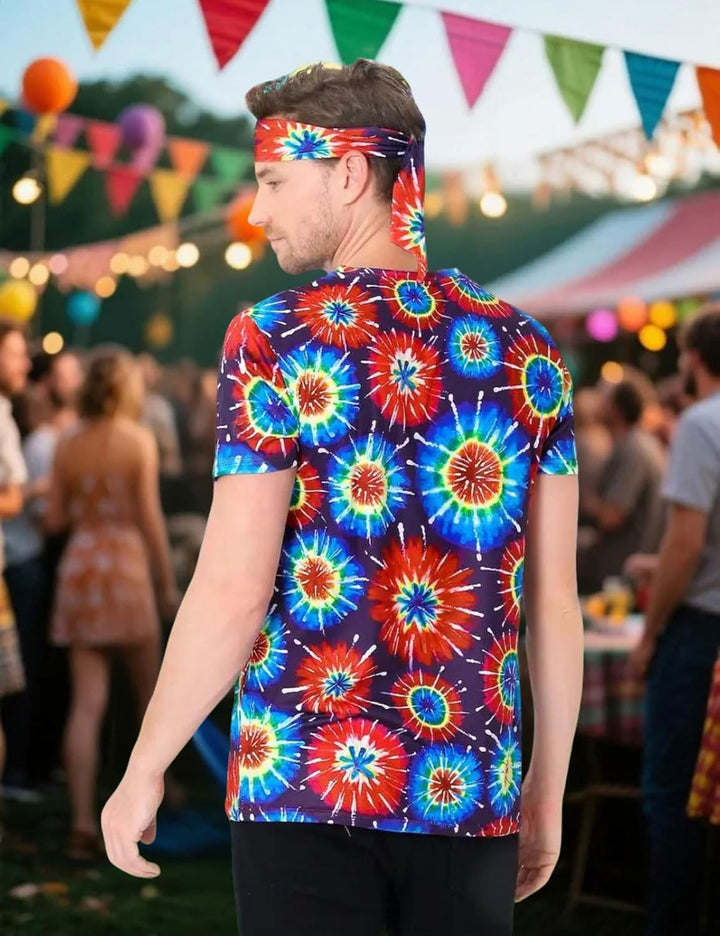 Herren 60er 70er Jahre Groovy Hippie Kostüm T-Shirts mit Stirnbänder M Mehrfarbig, M Mehrfarbig