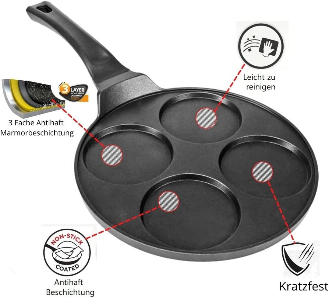4BIG.fun Pancakes Pfanne Ø26cm | Augenpfanne 3-fache Beschichtung Induktion Frying Pan | 4-Lochpfann